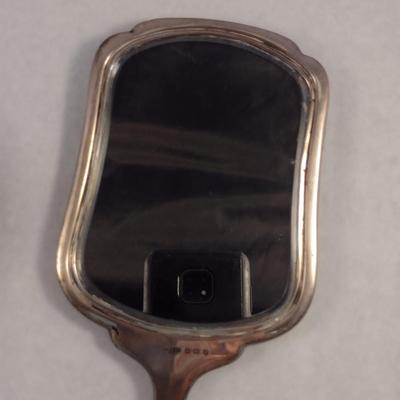 Vintage Sterling Silver and Guilloche Enamel Brush and Beveled Mirror Vanity Set- Four Pieces