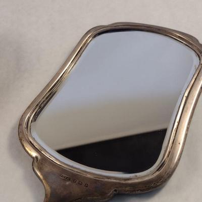 Vintage Sterling Silver and Guilloche Enamel Brush and Beveled Mirror Vanity Set- Four Pieces