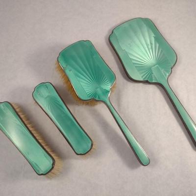 Vintage Sterling Silver and Guilloche Enamel Brush and Beveled Mirror Vanity Set- Four Pieces