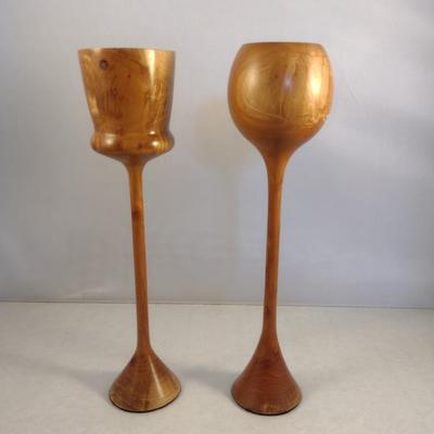 Set of Two Hand Crafted Turned Wood English Cherry Goblets