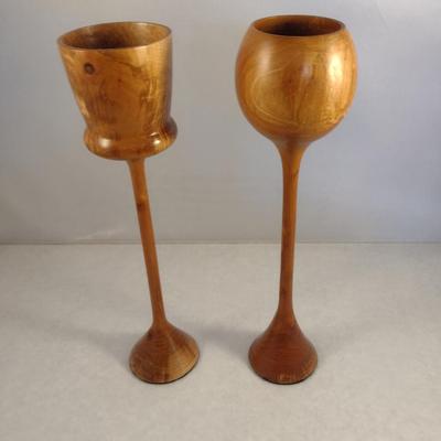 Set of Two Hand Crafted Turned Wood English Cherry Goblets