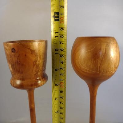 Set of Two Hand Crafted Turned Wood English Cherry Goblets
