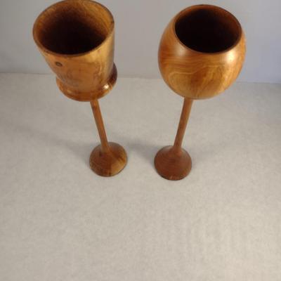 Set of Two Hand Crafted Turned Wood English Cherry Goblets