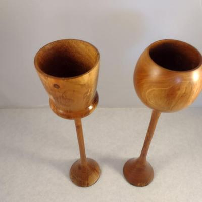 Set of Two Hand Crafted Turned Wood English Cherry Goblets