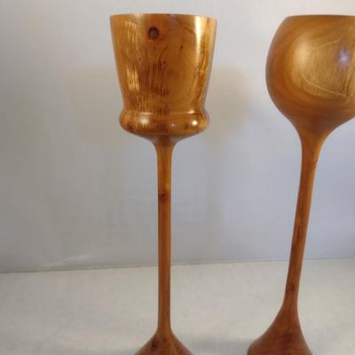 Set of Two Hand Crafted Turned Wood English Cherry Goblets