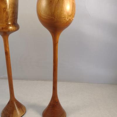 Set of Two Hand Crafted Turned Wood English Cherry Goblets
