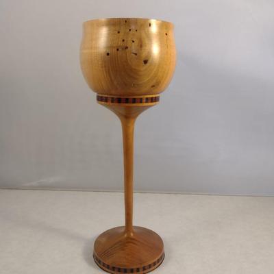 Hand Crafted Turned Wood English Beech Goblet with Intricate Inlay