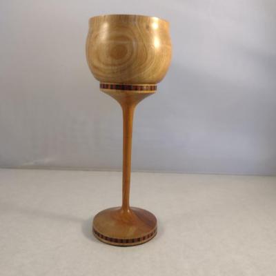 Hand Crafted Turned Wood English Beech Goblet with Intricate Inlay