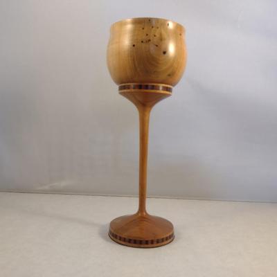 Hand Crafted Turned Wood English Beech Goblet with Intricate Inlay