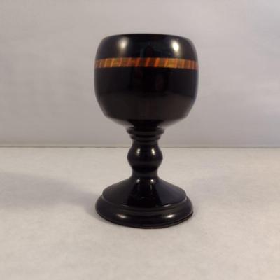 Hand Crafted Turned Wood African Ebony Goblet with Intricate Inlay