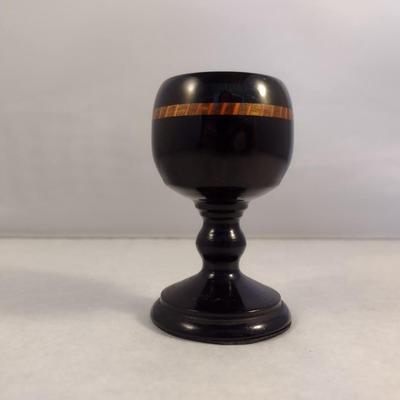 Hand Crafted Turned Wood African Ebony Goblet with Intricate Inlay