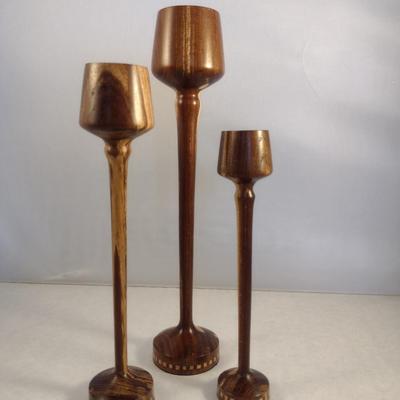 Trilogy of Graduated Hand Crafted Turned Wood English Laburnum Goblets with Intricate Inlay