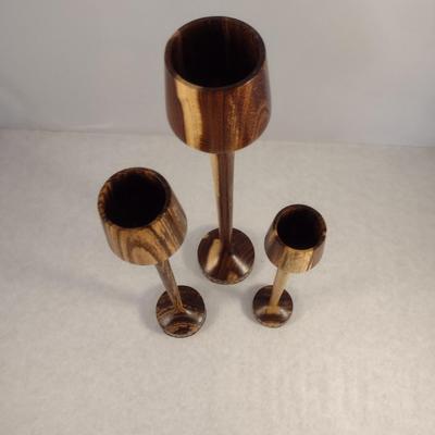 Trilogy of Graduated Hand Crafted Turned Wood English Laburnum Goblets with Intricate Inlay