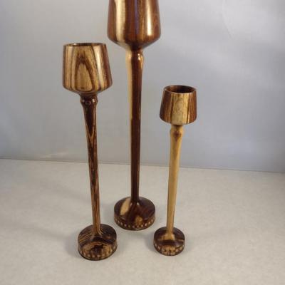 Trilogy of Graduated Hand Crafted Turned Wood English Laburnum Goblets with Intricate Inlay