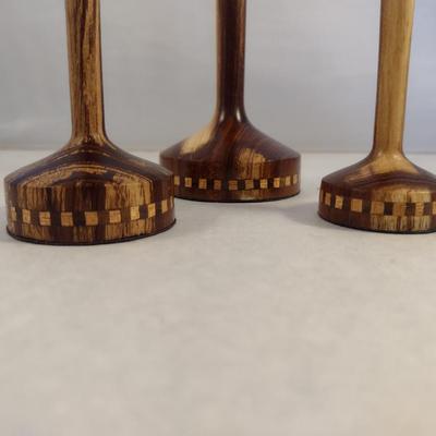 Trilogy of Graduated Hand Crafted Turned Wood English Laburnum Goblets with Intricate Inlay
