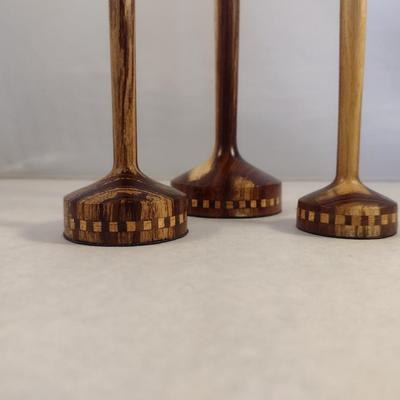 Trilogy of Graduated Hand Crafted Turned Wood English Laburnum Goblets with Intricate Inlay