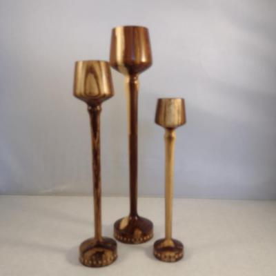 Trilogy of Graduated Hand Crafted Turned Wood English Laburnum Goblets with Intricate Inlay