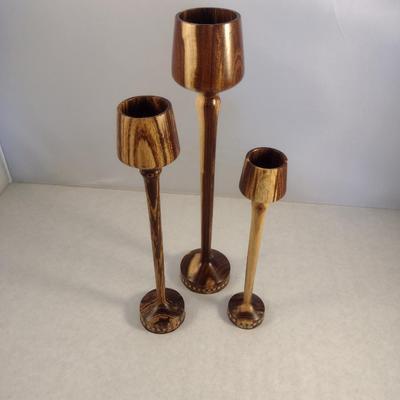 Trilogy of Graduated Hand Crafted Turned Wood English Laburnum Goblets with Intricate Inlay
