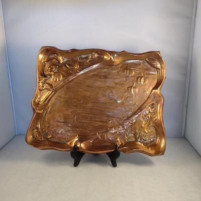Copper Tray with Young Girl and Floral Raised Designs