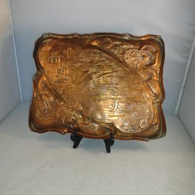Copper Tray with Young Girl and Floral Raised Designs
