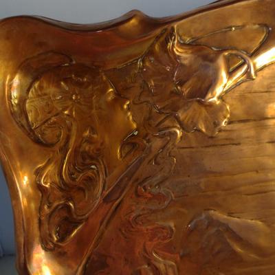 Copper Tray with Young Girl and Floral Raised Designs