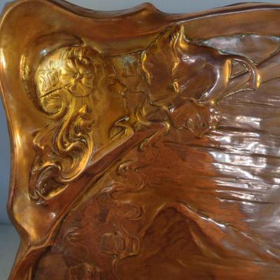 Copper Tray with Young Girl and Floral Raised Designs