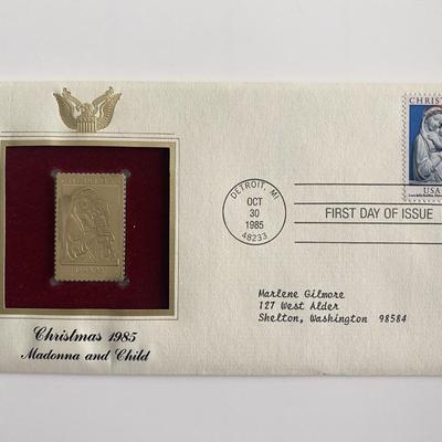 Christmas 1985: Madonna and Child Gold Stamp Replica First Day Cover