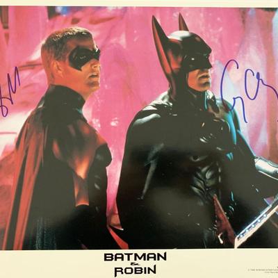 Batman & Robin Chris O'Donnell and George Clooney signed lobby card. GFA Authenticated