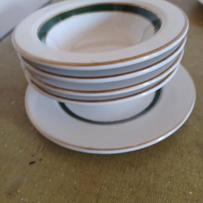 5pc Homer Laughlin China Pristine Green & Gold Stripe
