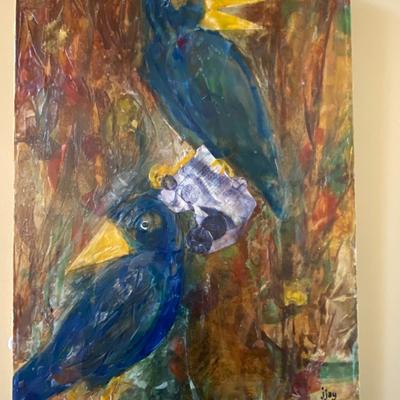 Unframed Oil on Canvas Crow Painting, Signed jjay