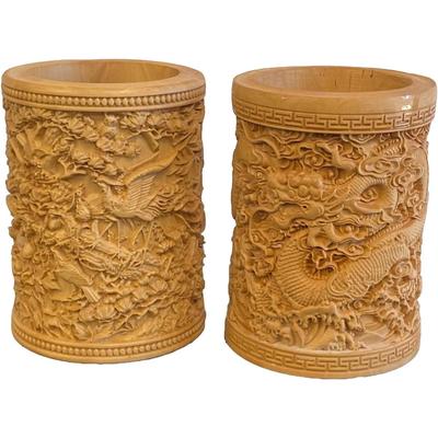 Twin Chinese Boxwood Wood Carving Pen Holder