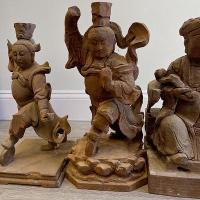 Four 20th Century Chinese Temple Hand Carved Wood Statues