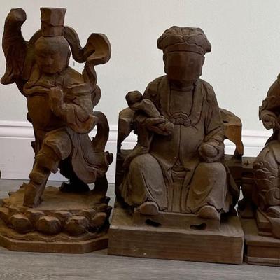 Four 20th Century Chinese Temple Hand Carved Wood Statues