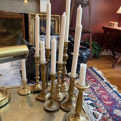 Set of Brass Candlesticks and Desk Lamp