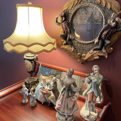 Lot of Victorian Figurines, Lamp, and Mirrorr