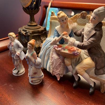Lot of Victorian Figurines, Lamp, and Mirrorr