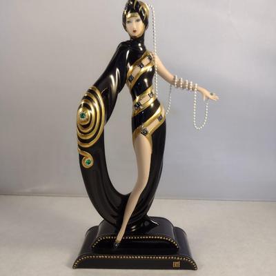 House of Erte Numbered, Limited Edition, Hand Painted Porcelain 'Pearls and Emeralds' Art Deco Figurine- No. 2716