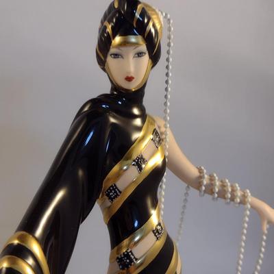 House of Erte Numbered, Limited Edition, Hand Painted Porcelain 'Pearls and Emeralds' Art Deco Figurine- No. 2716