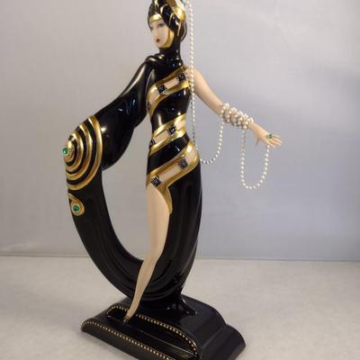 House of Erte Numbered, Limited Edition, Hand Painted Porcelain 'Pearls and Emeralds' Art Deco Figurine- No. 2716
