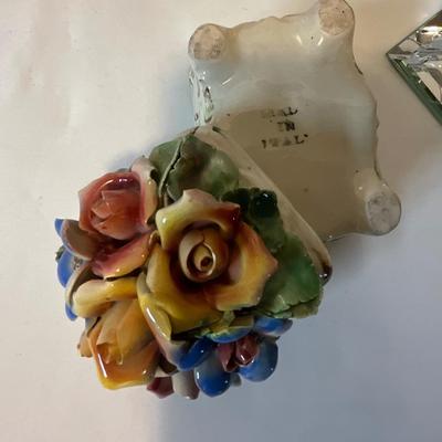 Ceramic pitcher, flowered trinket box, glass candle holders