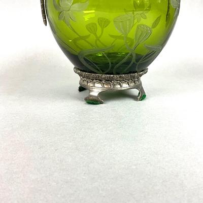 LR235 WMF Art Nouveau Silver Plated Dragonfly Motif Engraved Green Glass Lotus Jar