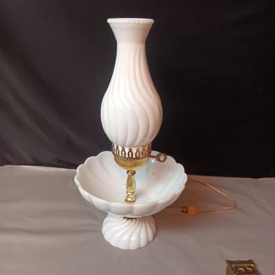 VINTAGE MILK GLASS LAMP AND BRASS PAPER HOLDER