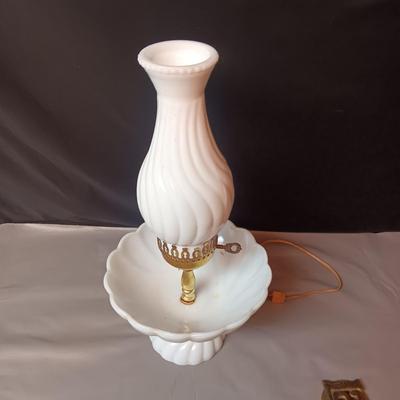 VINTAGE MILK GLASS LAMP AND BRASS PAPER HOLDER