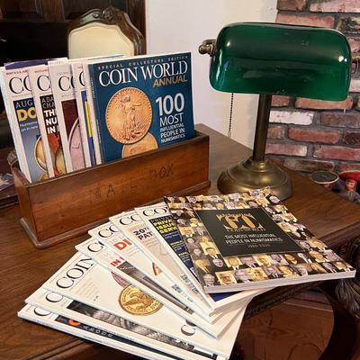 Vintage Desk Lamp and Coin Collector Magazine Lot