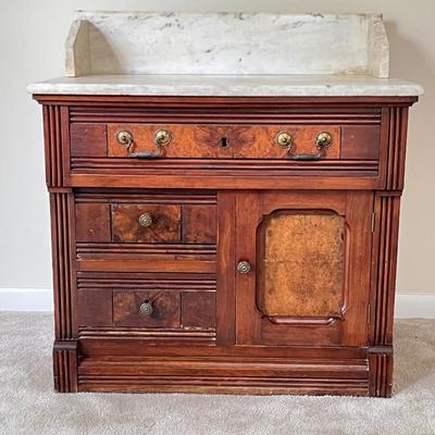 Vtg. Solid Wood Wash Stand ~ With Marble Top