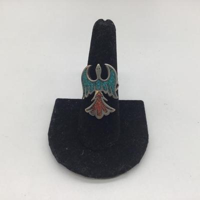 Native American thunderbird turquoise and coral antique ring