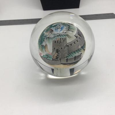 Asian Oriental Reverse Painted Paperweight Great Wall of China Art Glass LOVELY