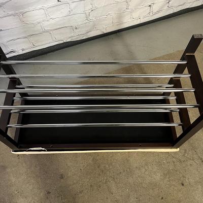 Wood Shoe Bench with Two Metal Racks and Seat Cushion
