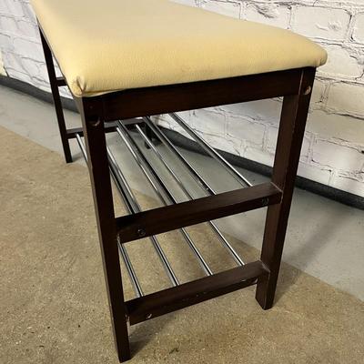 Wood Shoe Bench with Two Metal Racks and Seat Cushion