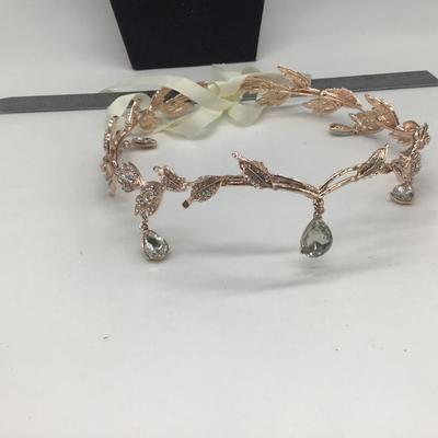 Crystal Leaf Wedding Diadem Headband Bridal Bridesmaid Forehead (Rose Gold)
